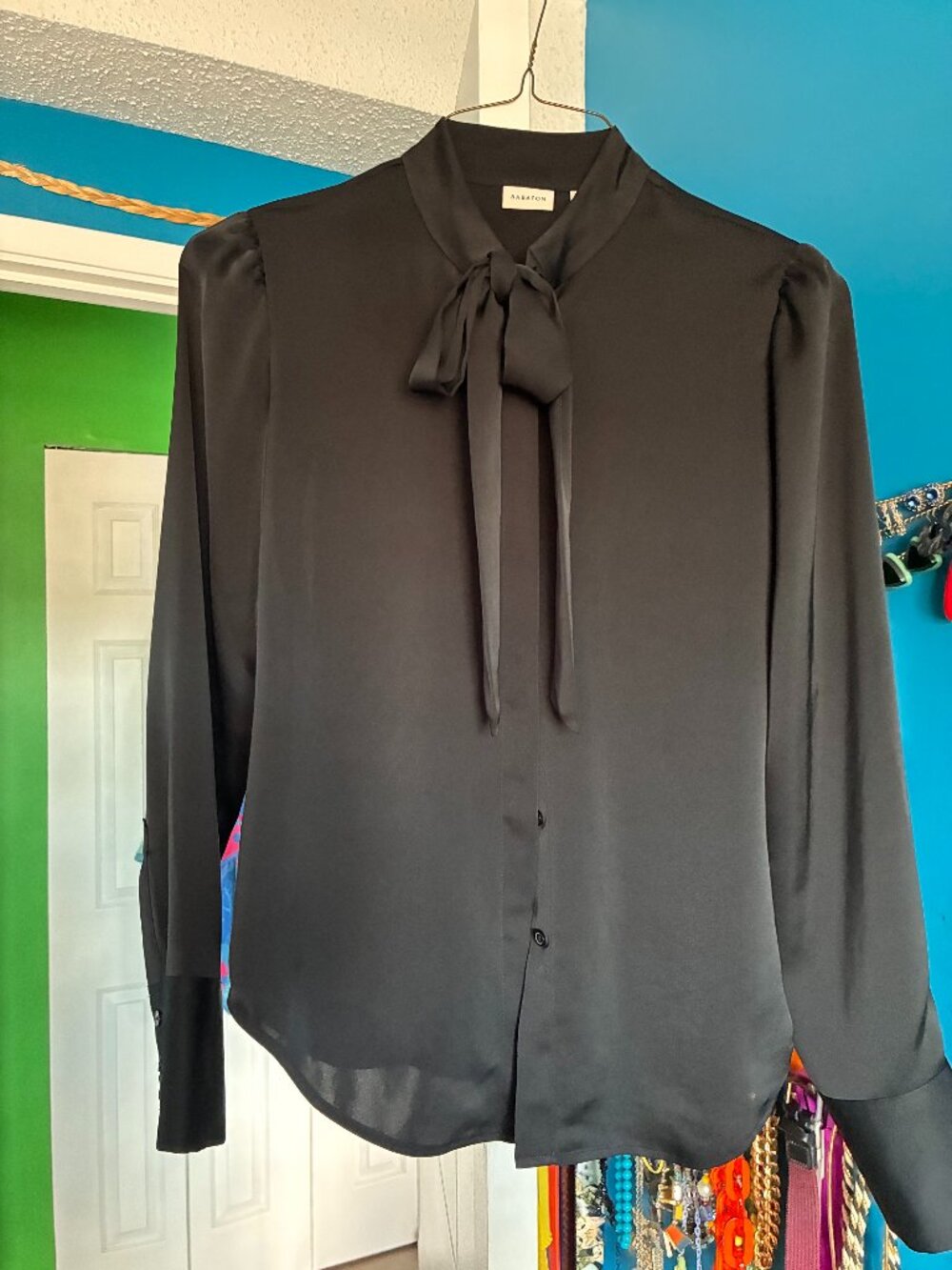 Aritzia Babaton Black Satin Tie Neck Blouse Size S